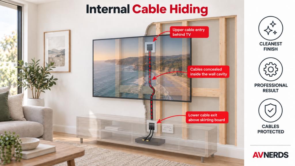 Internal cable hiding through a gyprock wall cavity behind a wall-mounted TV