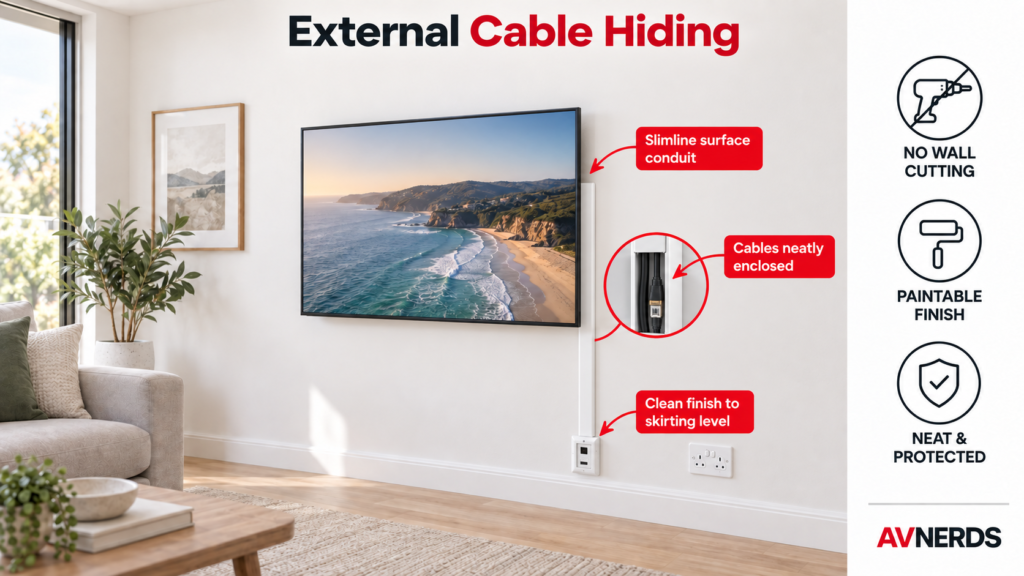 External cable hiding in slimline surface conduit beside a wall-mounted TV